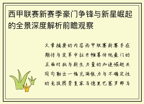 西甲联赛新赛季豪门争锋与新星崛起的全景深度解析前瞻观察